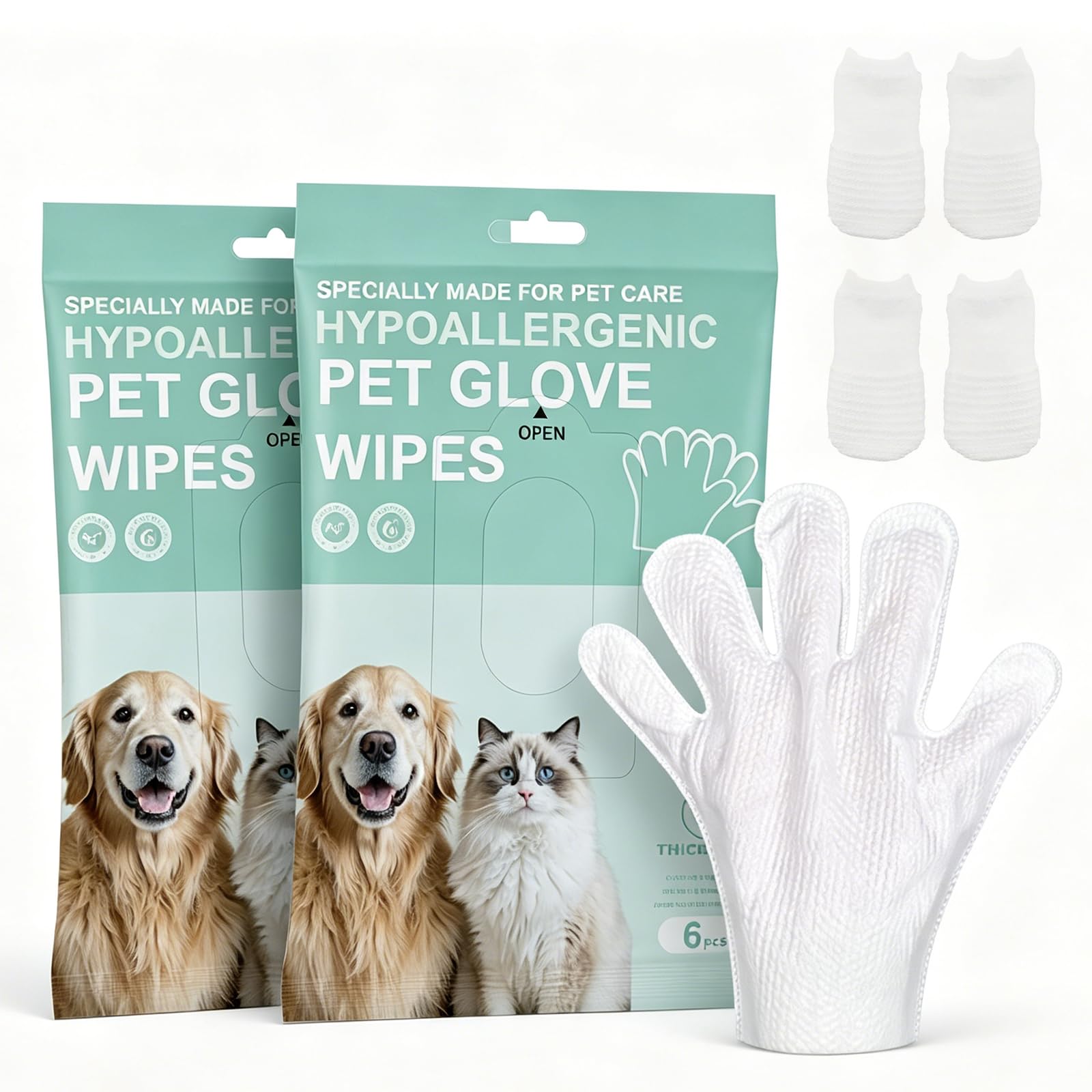 16PCS Dog Glove Wipes, Disposable Dog Washing Gloves with 4PCS Finger-Sleeve Toothbrushes, Odorless and Fragrance-Free, Pet Wipes suitable for Daily Care, Cleaning, And Grooming of Dogs and Cats