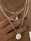 4-Layer Gold Tone Chain Necklace - Vintage Coin & Mini Sun Charm Stacked Choker, Boho Multi-Strand Neck Accessory for Streetwear & Parties