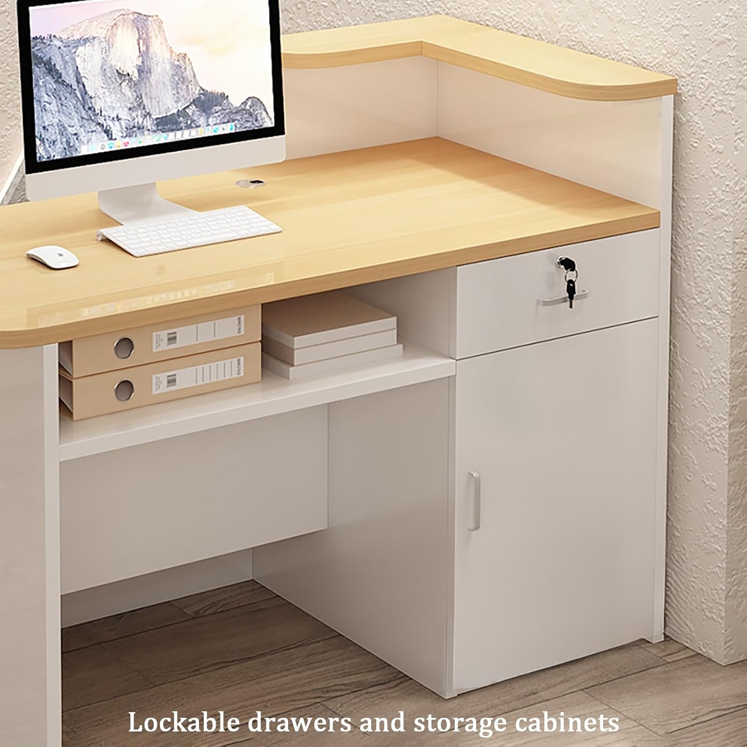 Reception Desk, Reception Counter Front Desk, Open Retail Counter, Modern Checkout Counter Table, Reception Room Table with Lockable Drawer, for Salons Shop Office(White B,120x55x100cm)