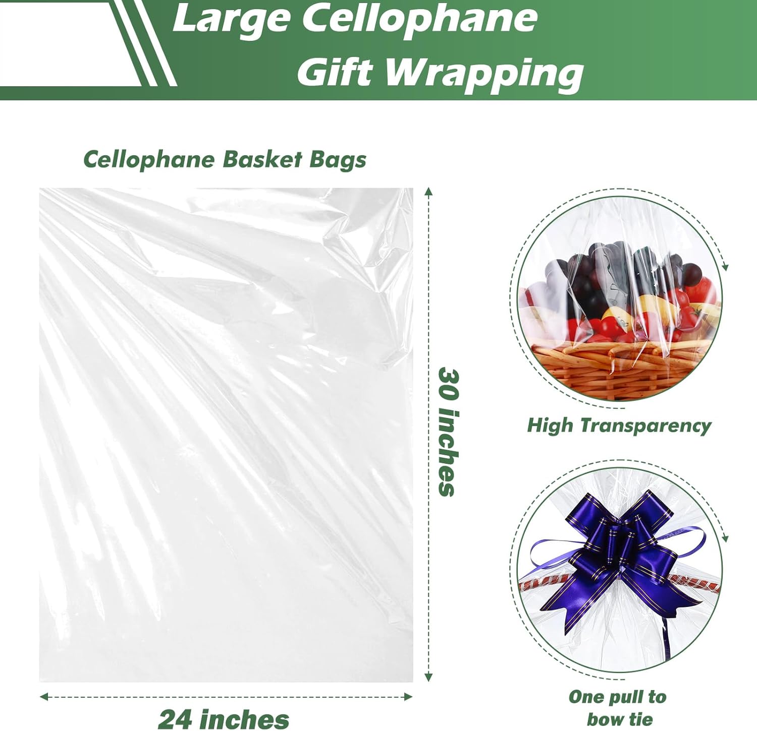 50 Packs Large Cellophane Bags 24" x 30" Clear Cellophane Gift Basket Wraps Extra-large 2.3 Mil Thick Transparent Cello Bags for Fruit Basket, Gift Wrap, Treats, Arts and Crafts, 50ct Ribbon Bows Yellow - Image 3