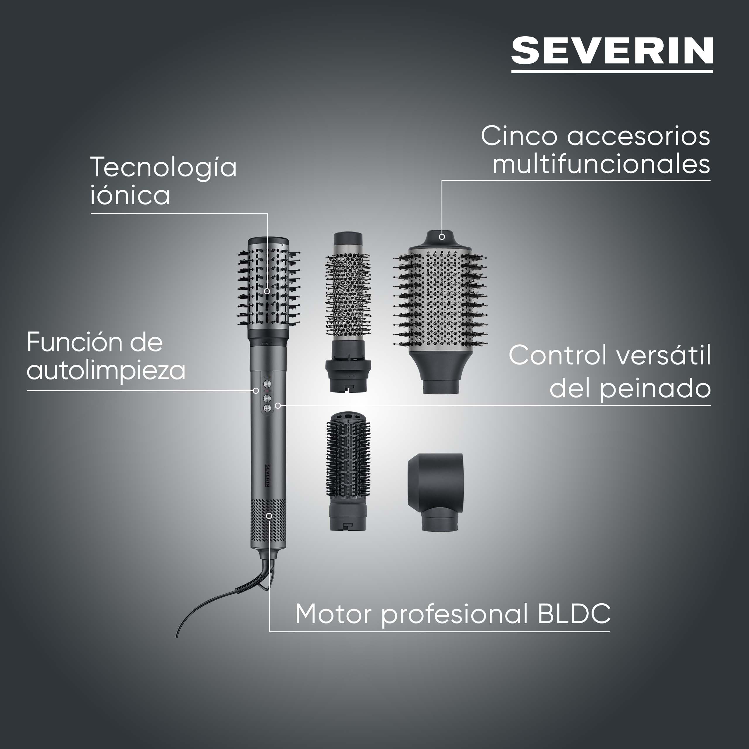 SEVERIN Cepillo secador Multi Estilo 5 en 1, Cepillo eléctrico con 5 accesorios, 1500 vatios, Motor BLDC y Technología Iónica, Función autolimpieza, Negro, WL 0684