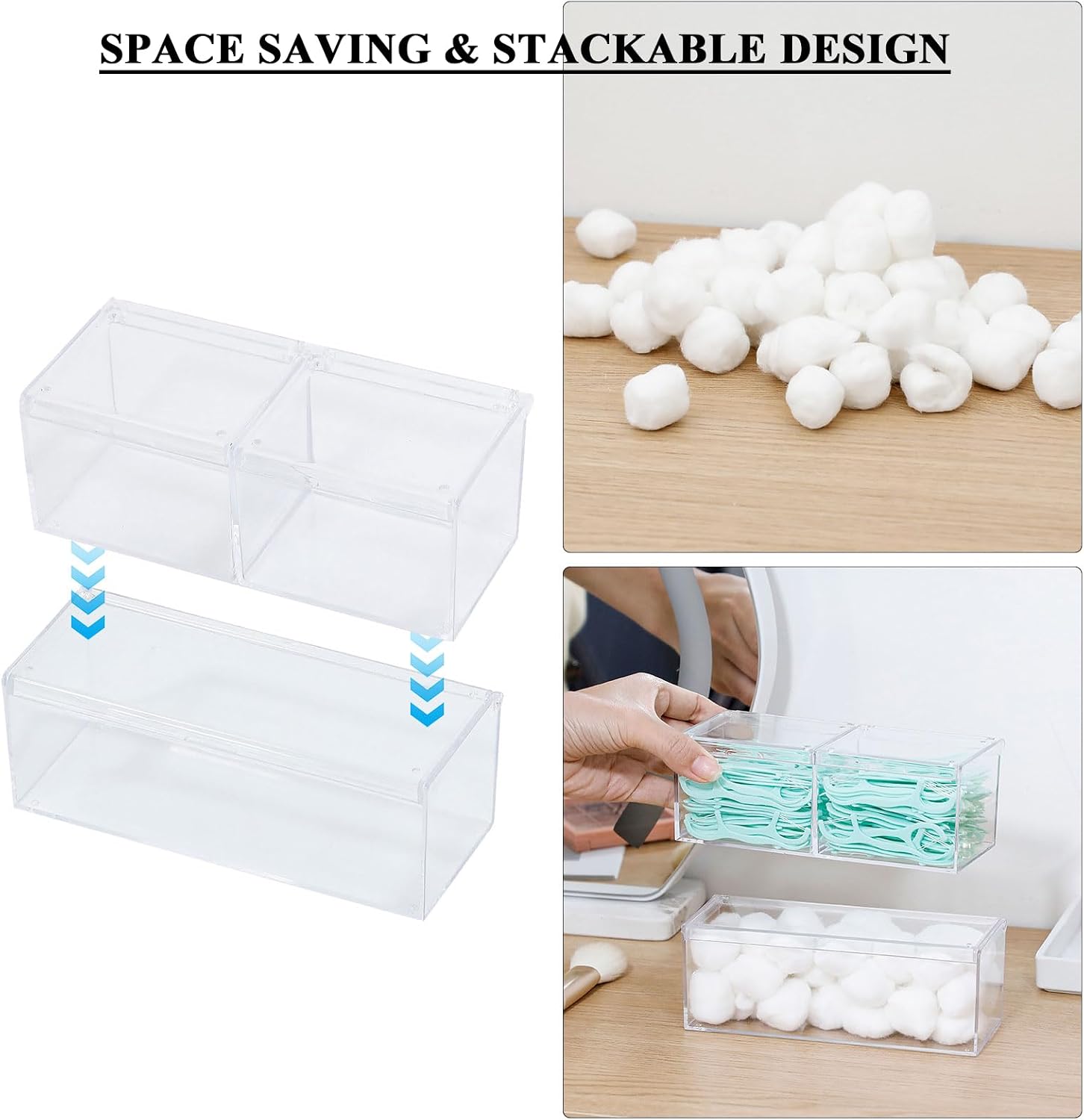 2 Pack Qtip Holder Dispenser with Lid , Plastic Bathroom Vanity Canister for Counter, Drawer and Cabinet Use, Cotton Balls, Makeup Pads, Floss Picks, Clear Desk Container