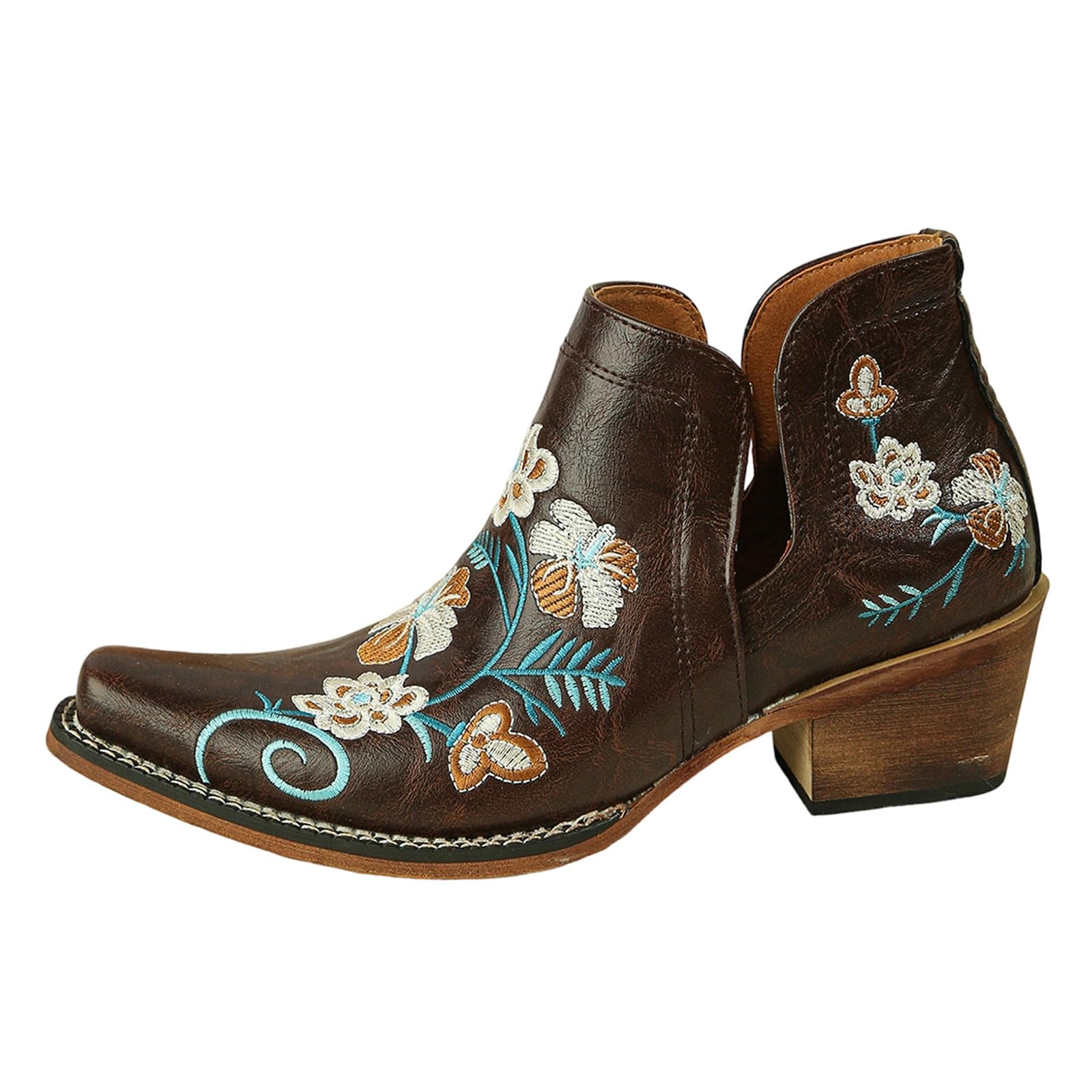 Bottines Femme en Simili Cuir, Broderies Style Western, Talon Bloc Moyen