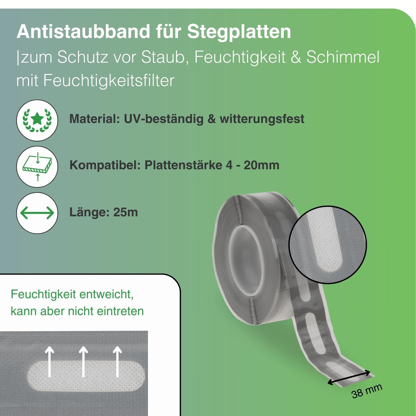 Antistaubband für Stegplatten I 38 mm x 25 m I Klebe-Tape zum Schutz vor Staub, Feuchtigkeit & Schimmel I für Doppelstegplatten 4-20 mm I Anti-Staub-Klebeband mit Feuchtigkeitsfilter