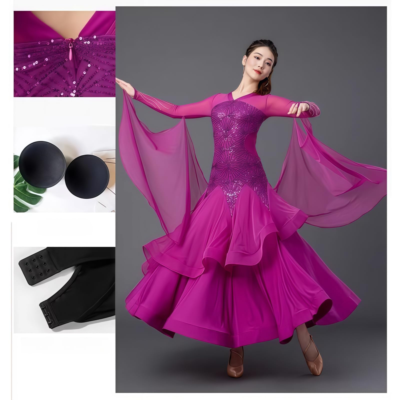 Damen Standard Ballroom Tanzkleid, Langarm Elegantes Tanzkleid Mit Strass Und Fließendem Rock, Farbverlauf Tanzkleid Für Walzer Tango Foxtrott Training Und Turnier