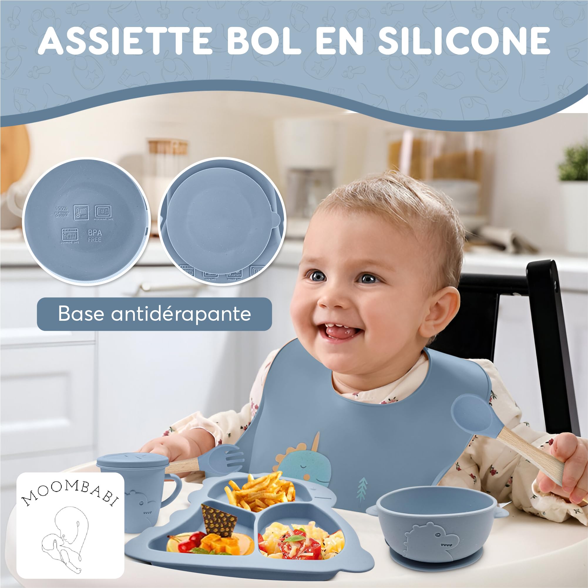 Set Repas Bébé 10 Pièces, Assiette Ventouse, Bol Cuillère, Bavoir Silicone, Couverts Vaisselle pour Sevrage Enfant