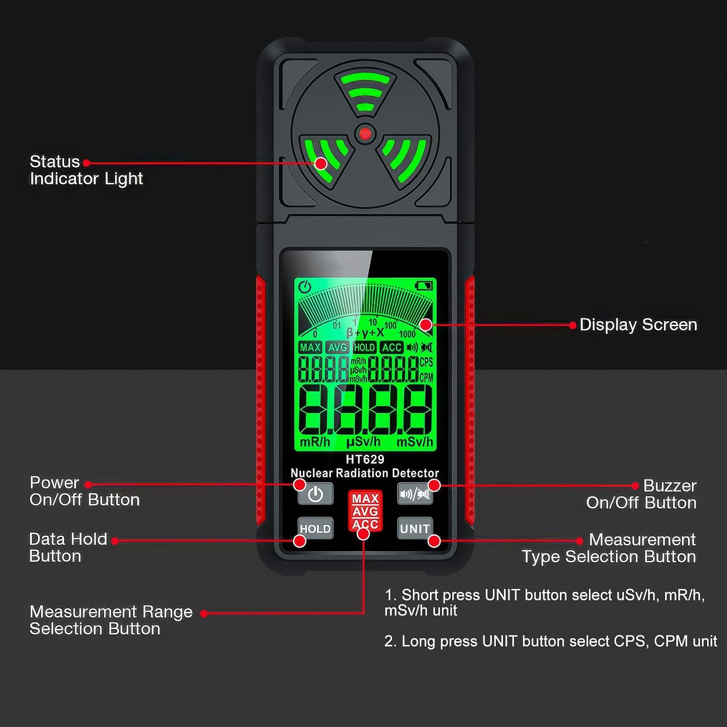 Geiger Counter Intendvision Nuclear Radiation Detector - Portable Radiation Dosimeter Tester Beta Gamma X-ray Detector for Nuclear Wastewater Seafood with Backlit LCD Display, Audible & Visual Alarm