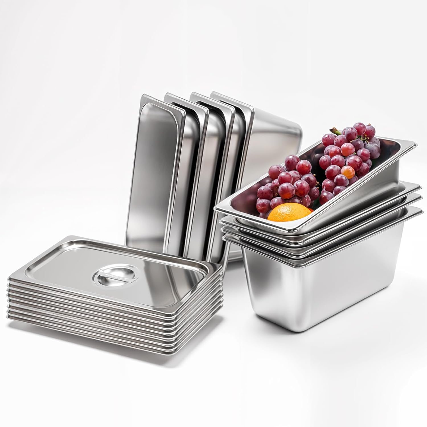 8 Pack Stainless Steam Hotel pan 1/3 Size x 6 inch Deep Table Pan with Lid Food Storage Containers Anti Steam Pan Restaurant Anti Clogging Steamer 12.8 x 6.9 x 5.9 inch for Party, Restaurant, Hotel