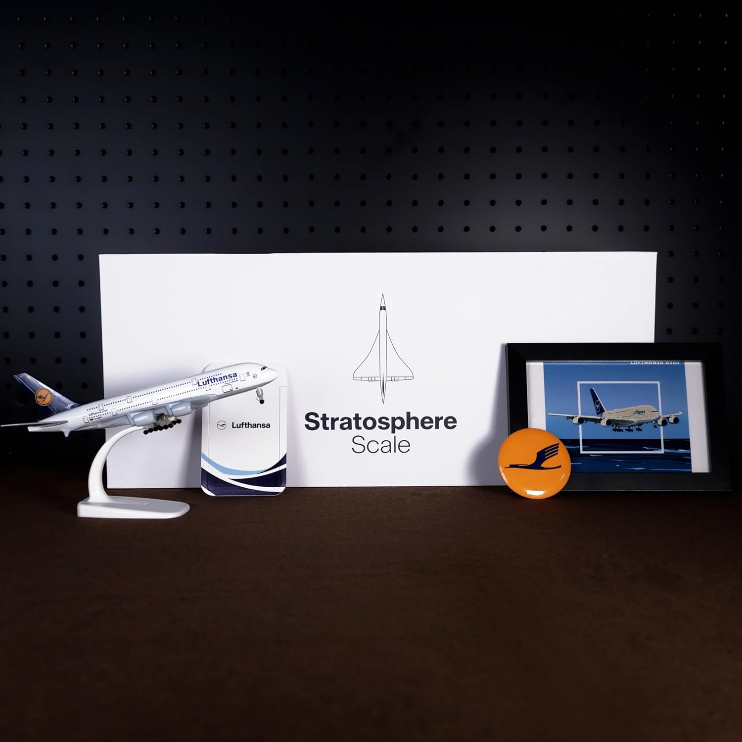 Stratosphere Model Lufthansa Airbus A380-800 Diecast Aircraft 1:300 Scale, German Engineering with Display Frame, Metal Pins & Card Pack, Premium European Aviation Gift.