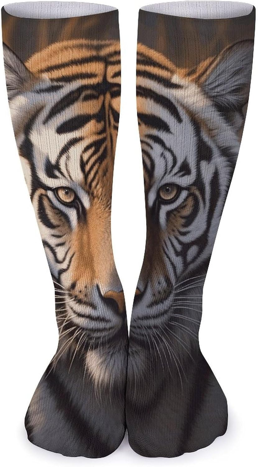 Breathable Crew Sock, Moisture Wicking, Athletic Calf Socks, Cozy | Tiger Compression Socks for Women Men, Lightweight High Work Socks for Business, Casual