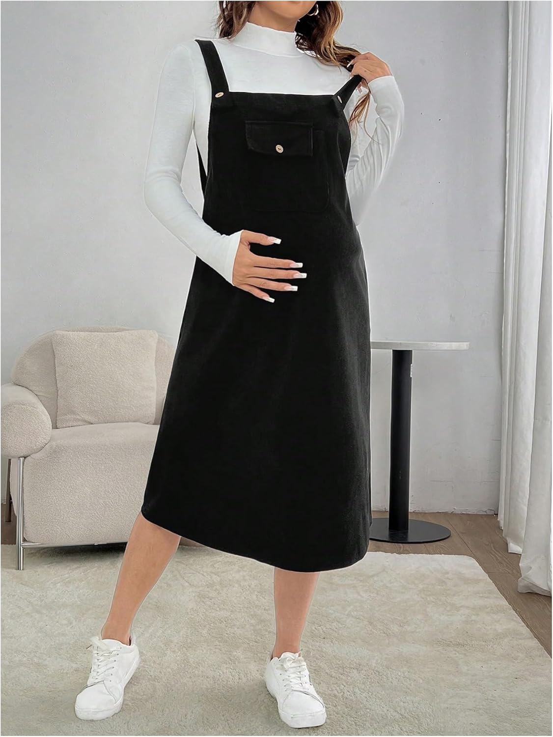 MakeMeChic Women's Maternity Overalls Dress Wide Strap Sleeveless Open Back A Line Pregnancy Midi Dresses - Image 5