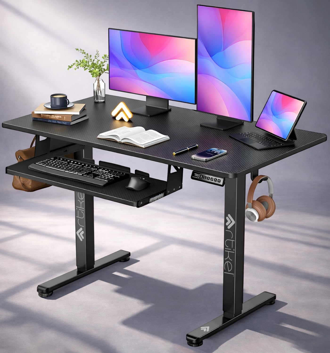 ARTIKEL Artidesk Electric Height Adjustable Table for Office Work with Keyboard Tray | Sit Stand Gaming Desk| 80Kg Wt Lift | 2 Headphone Hook Cable Management (Black, 120x60cm)