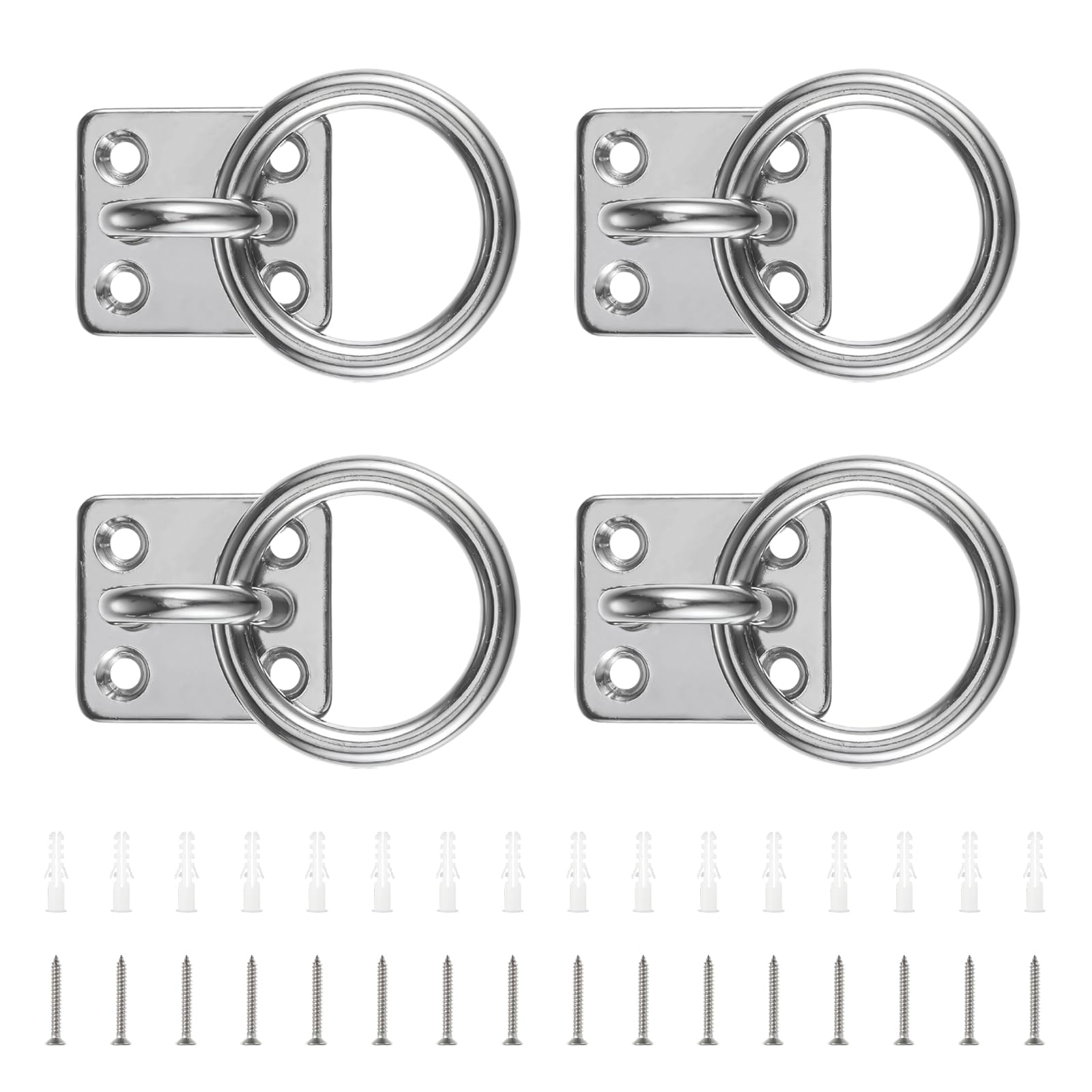 PARFCO Ganchos Anclaje Pared, 4 Piezas 304 Acero INOX Anillo para Atar Caballos, Ojal 8 mm, Cuadrado Argollas para Pared, con Tornillos y Tubo Expansión, para Columnas Madera, Paredes, Techos | Placa de ojo de acero inoxidable 304 con anillo y ojal de 8 m