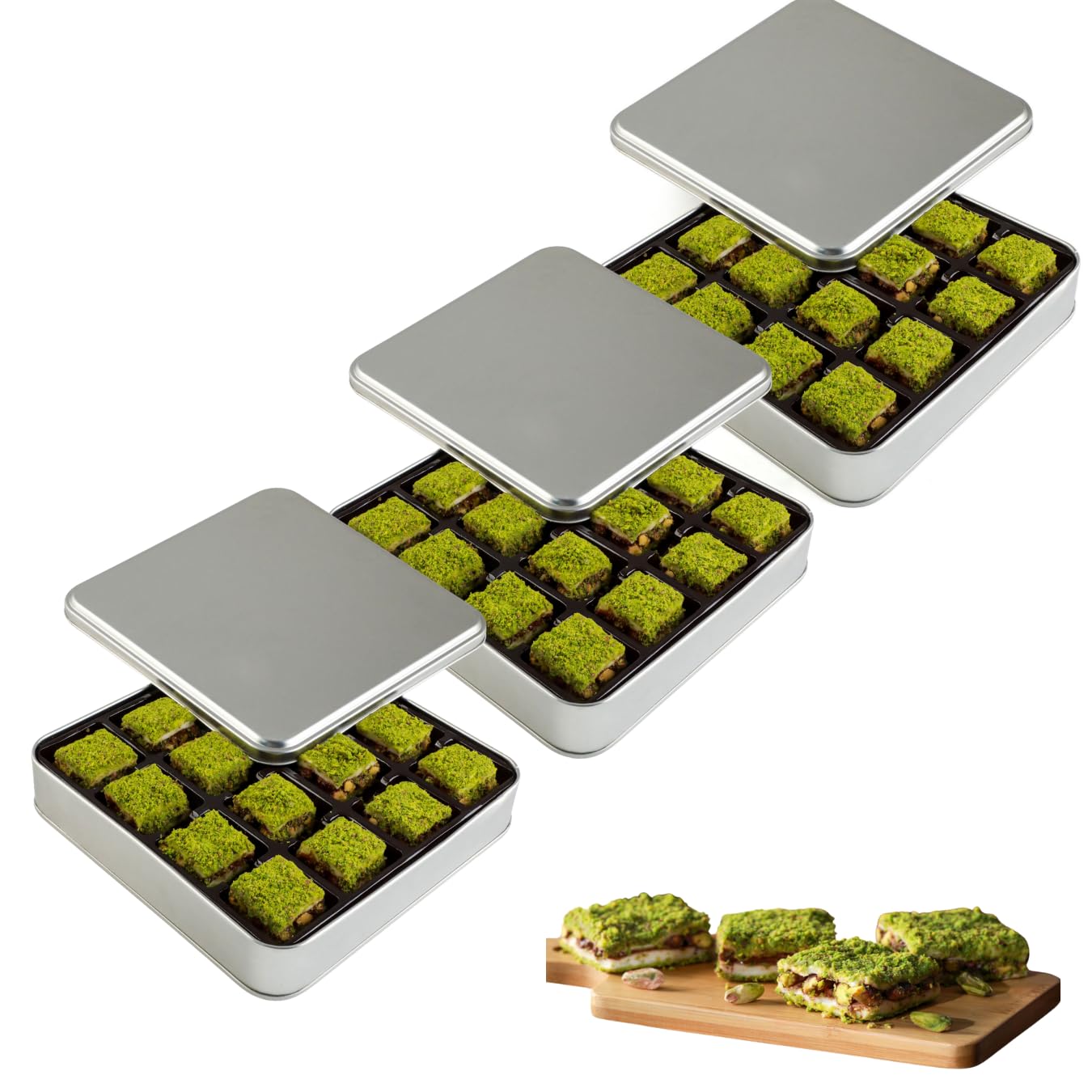 Pistachio and Chocolate Turkish Delight - Metal Gift Box - Boutique Production, Eid and Gift Sweets - 0.88 lb x 3 Packet