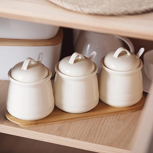 Vista 10 de HAOTOP Juego de 3 tarros de porcelana para condimentos con bandeja, 12 onzas, color blanco