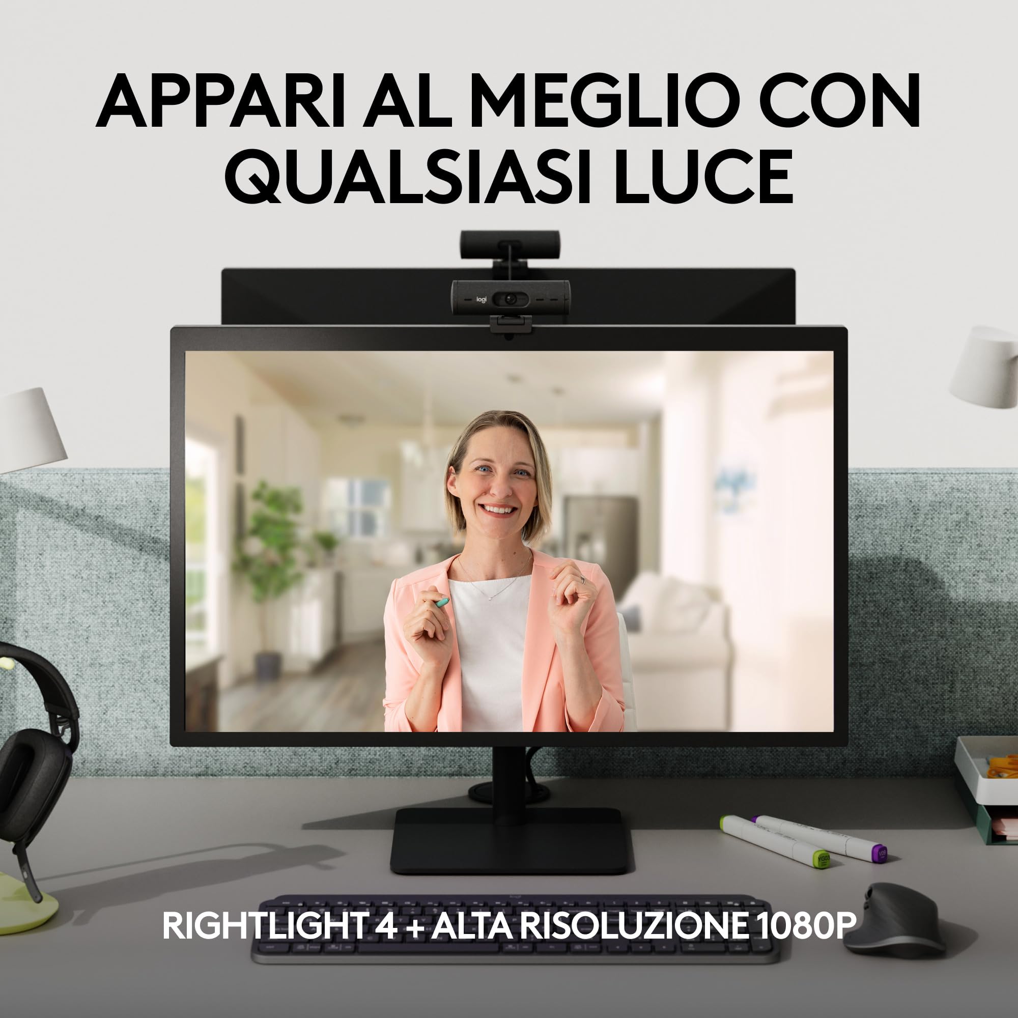Logitech Brio 505 Webcam Full HD con correzione automatica dell’illuminazione, inquadratura, modalità Mostra, 2 microfoni con riduzione del rumore, Msft Teams, Google Meet, Zoom - Grigio