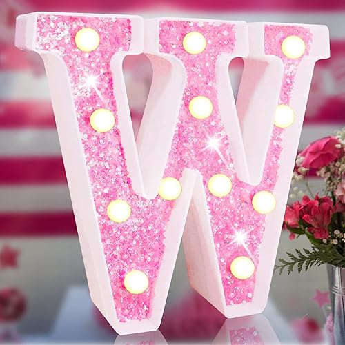 Vista 23 de Letras rosadas iluminadas, letras del alfabeto con purpurina, letras LED de marquesina, que funcionan con pilas, para iluminar por la noche