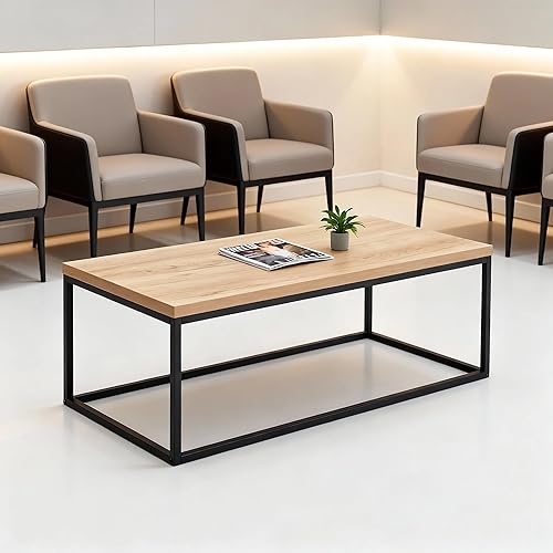 Miniatura 4 de CENSI Mesa de centro de roble natural de 40 pulgadas para sala de estar, rectangular, estilo industrial moderno de mediados de siglo, parte superior