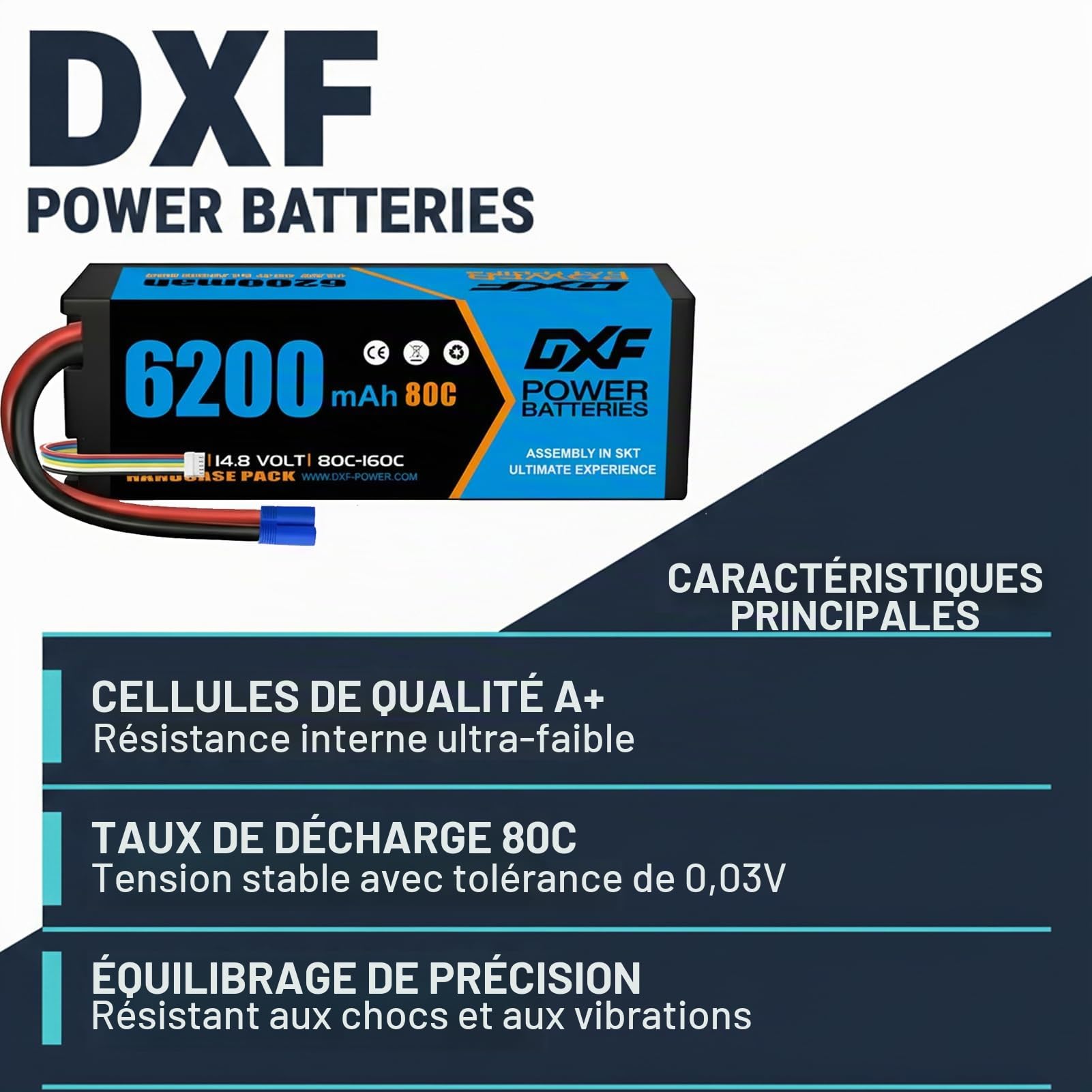 DXF Batterie LiPo 4S 14.8V 6200mAh 80C EC5 Pack 2X Voiture RC 1/8 1/10 Buggy Truggy Monster Truck Polymère Lithium Décharge Rapide Course Piste Tout-Terrain Modélisme Hard Case