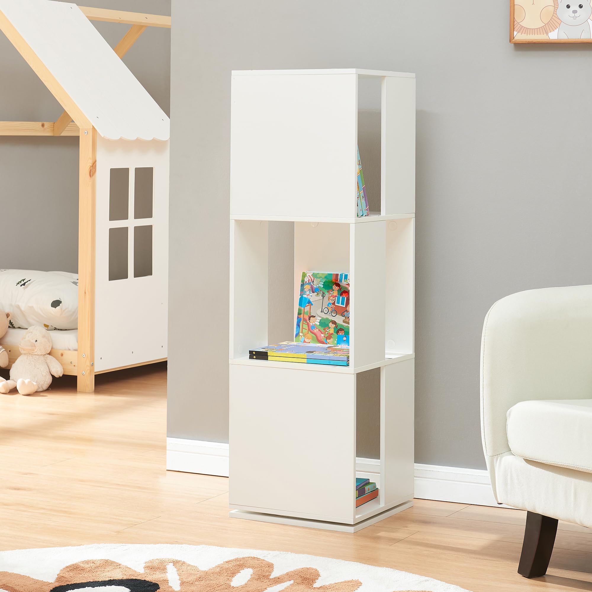 [en.casa] Libreria Girevole per Cameretta Scaffale Rotante per Bambini a 3 Livelli Mobile Espositore Porta Libri con Scomparti 109 x 34 x 34 cm - Bianco