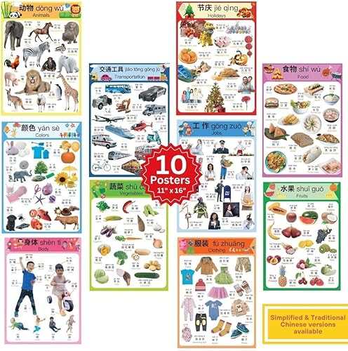 N/A/ Juego de 10 carteles de aprendizaje chino para niños. Inspirado en Montessori. Bilingüe con chino simplificado, inglés y pinyin.