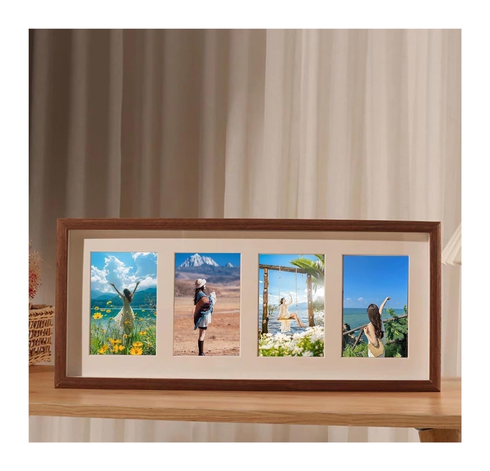 Cadre photo mariage 4x6 horizontal en bois MDF noyer avec 4 ouvertures pour décoration murale