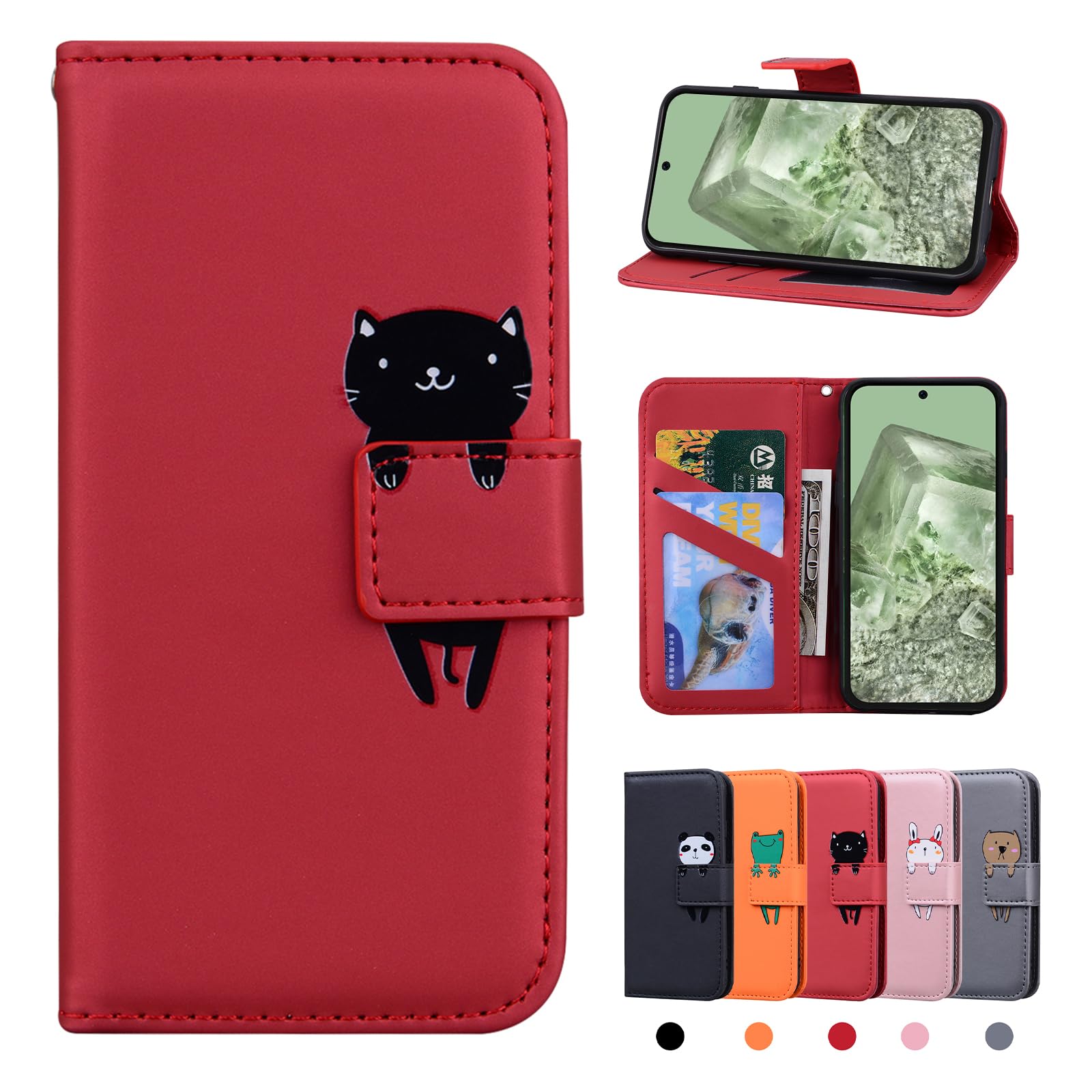 Rostsant Cover per Google Pixel 8a 5G Custodia a Libro Google 8a 5G PU Pelle Portafoglio Cover Libro Google Pixel 8a Magnetica Supporto Stampa Animalier Panda Nero