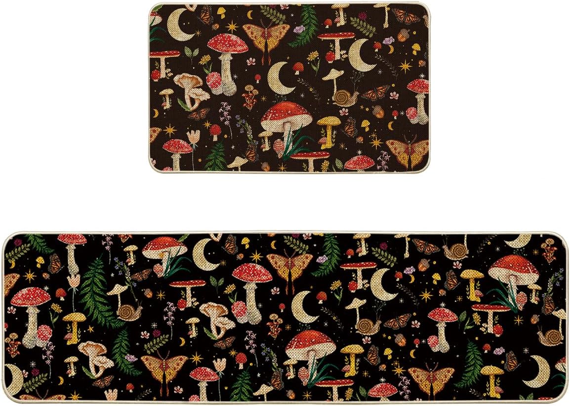Artoid Mode Mushrooms Butterfly Spring Kitchen Mats Set of 2, Home Decor Low-Profile Kitchen Rugs for Floor - 17x29 and 17x59 Inch