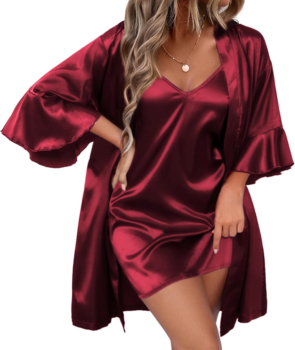 Ekouaer Conjunto de bata de seda para mujer, cuello en V, 2 piezas, bata de novia, conjunto de albornoz de satén