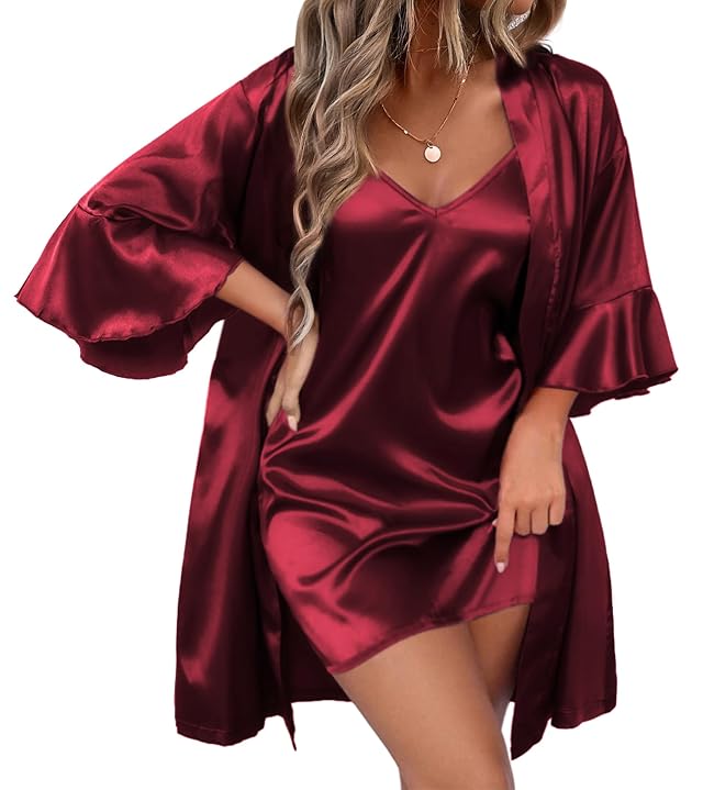Ekouaer Womens Silk Robe Set V-neck 2 Piece Bridal Party Robes and Satin Bathrobe Set with Pockets