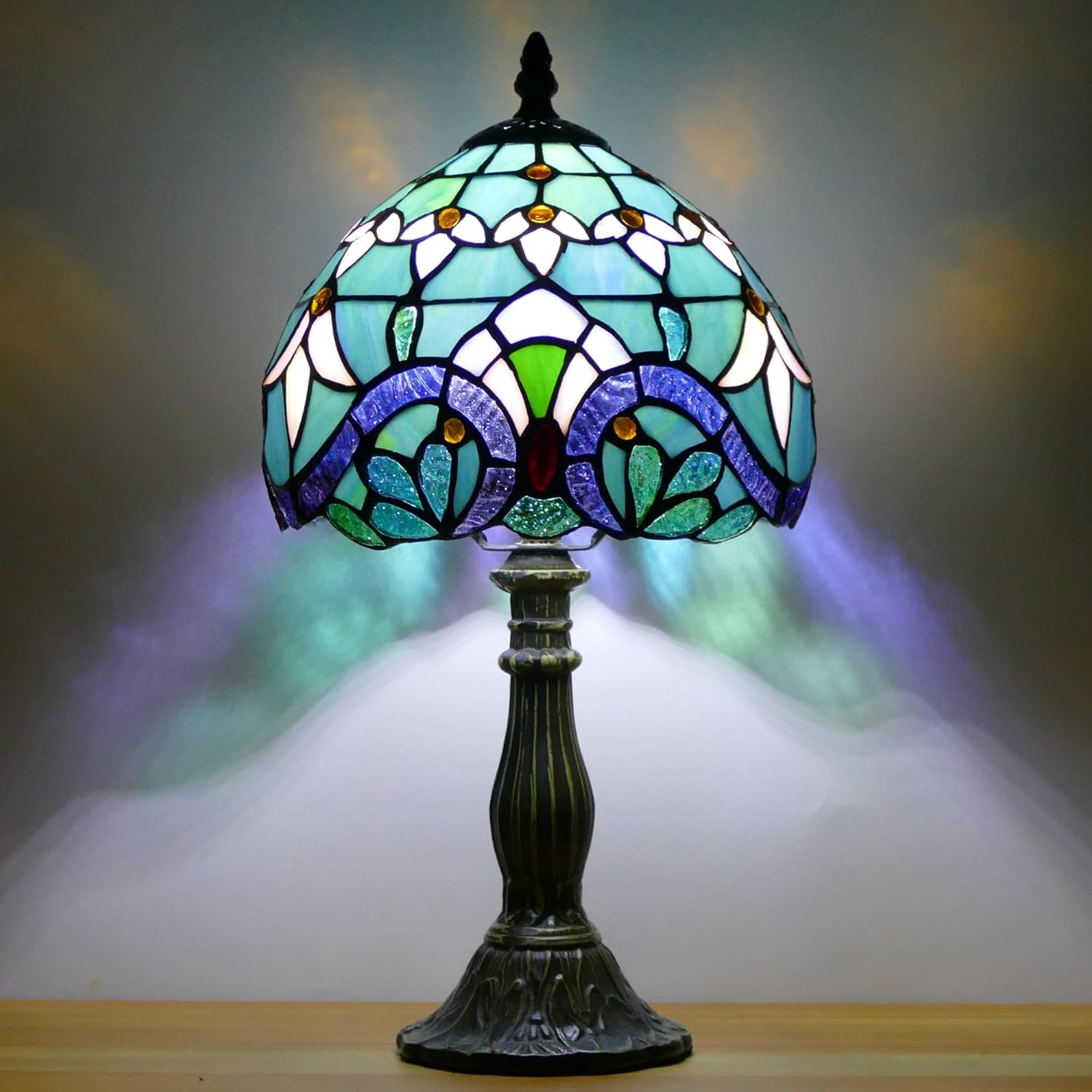 Small Tiffany Lamp Mini Stained Glass Table Lamp Bedside Accent Lamp Memory Sympathy 8X14.5 Inch (Baroque Style)