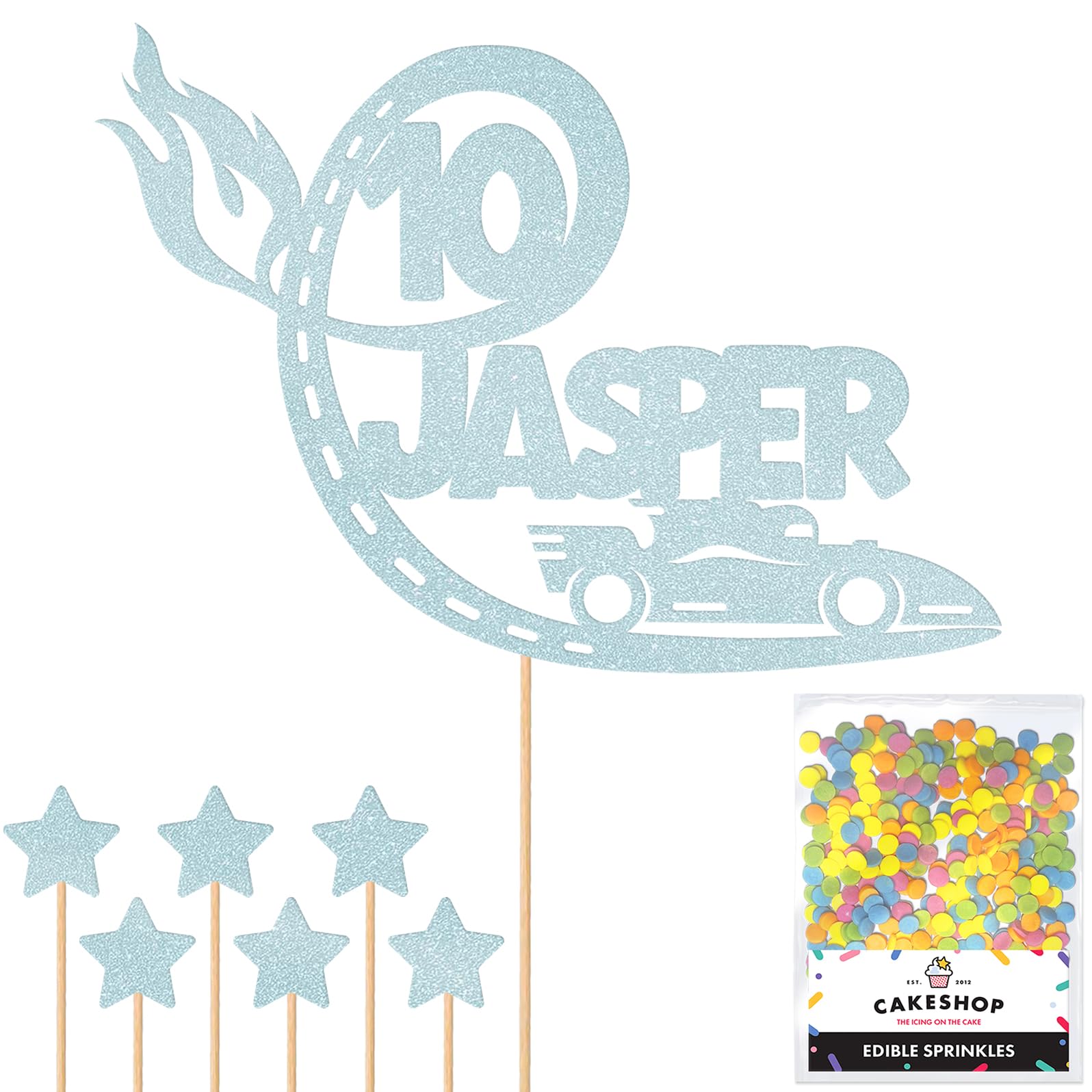 Personalised F1 Motor Racing Car Glitter Cake Topper - Light Blue Custom Age & Name Glitter Cake Decoration and Sprinkles - Happy Birthday Decorations - Personalised Toppers for Cakes by Cakeshop