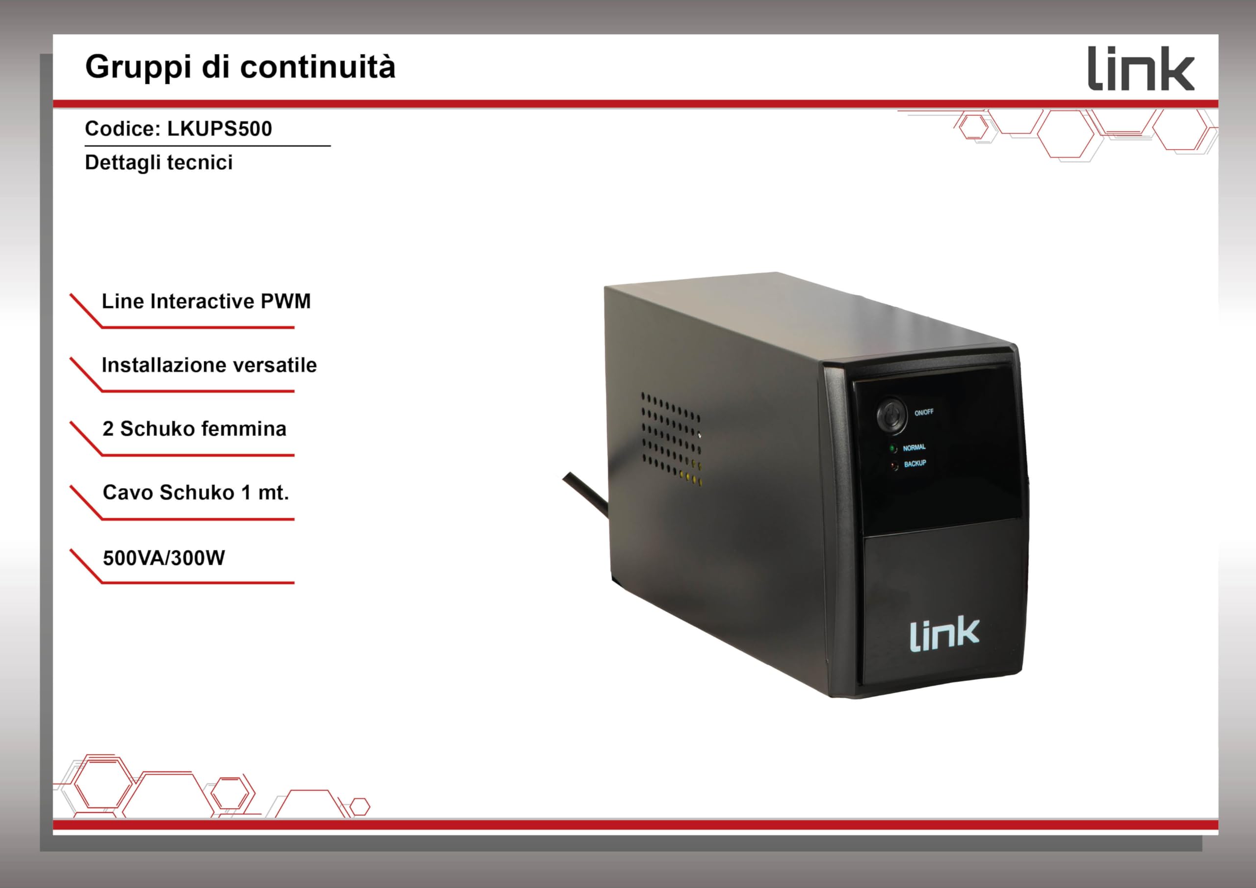 LINK LKUPS500 UPS gruppo di continuità Line interactive 12V/4,5Ah due prese Schuko 29,2x14x21,5 cm