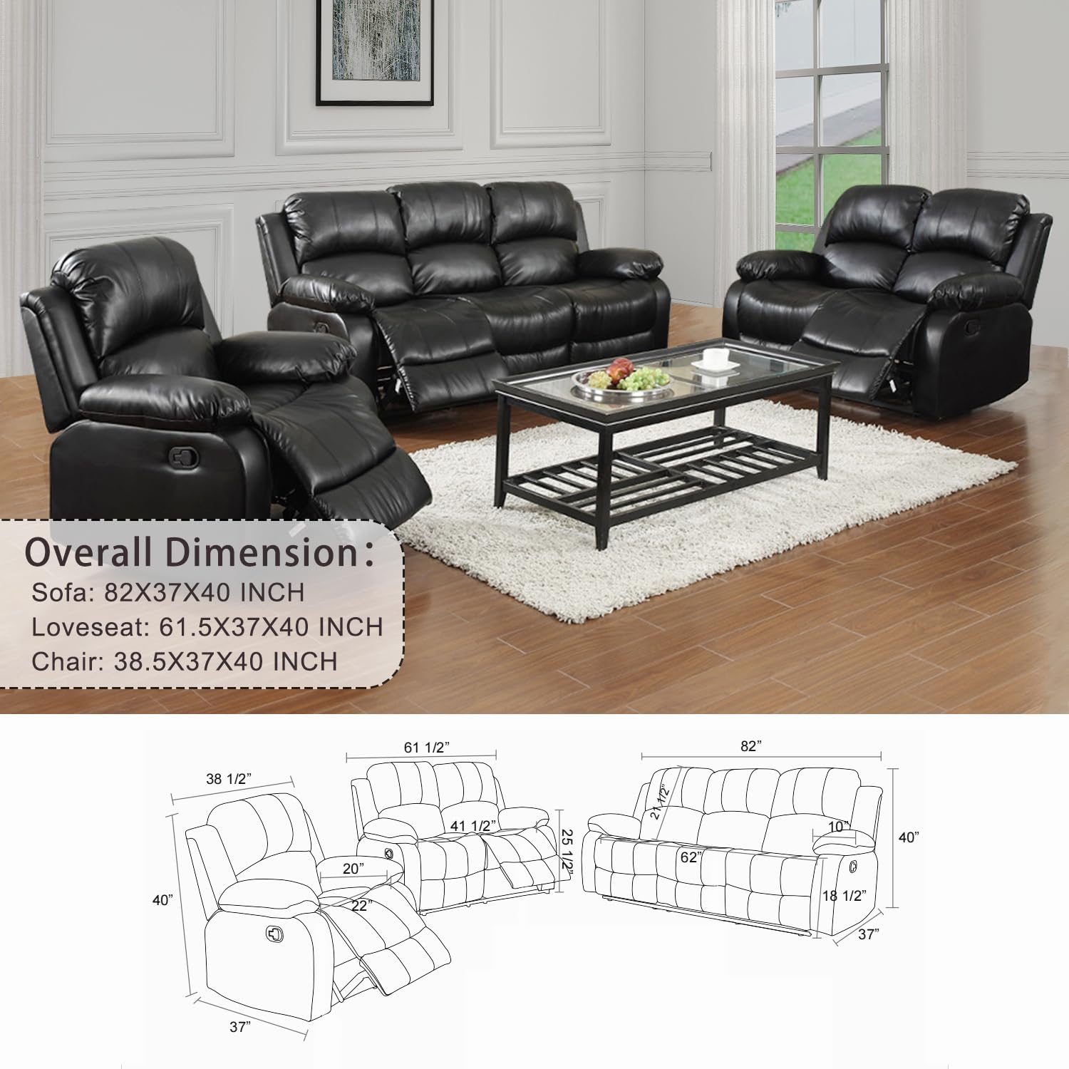 Black Leather Recliner Chair, Maunal Reclining Chair Living Room Furntiure Set for Home/Office/Apartment - 1 Piece
