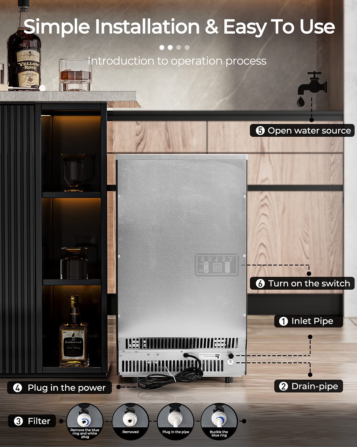 KOTEK Commercial Ice Maker Machine - Makes 110 Pounds Ice in 24 hrs with 33 Pounds Storage Capacity 45 Cubes- Ideal for Restaurants, Bars, Homes and Offices - Includes Scoop and Connection Hose