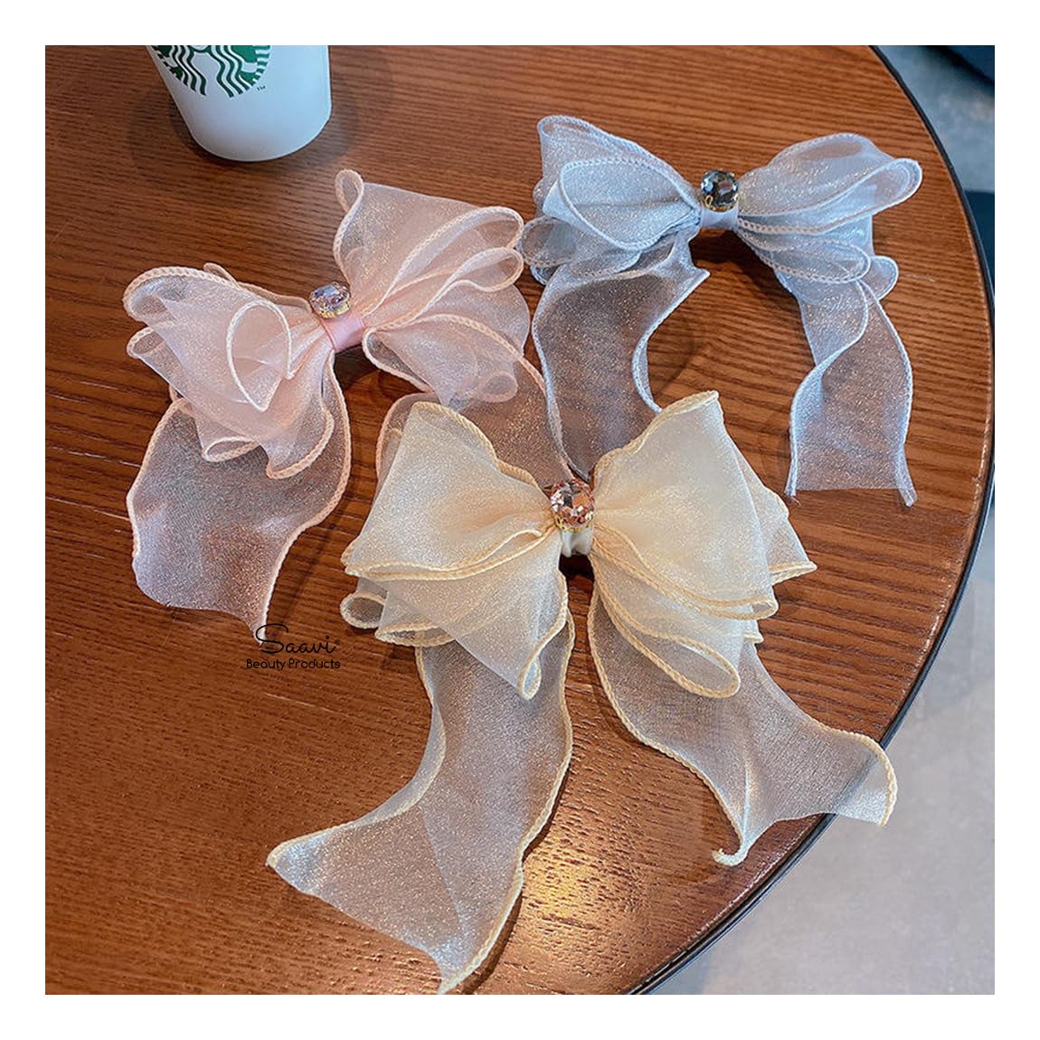 Saavi Premium Large Organza Hair Bow Clips Candy Color Big Bowknot Barrettes Hair Accessories for Girls/Women/Ladies (3 Pcs, Assorted)