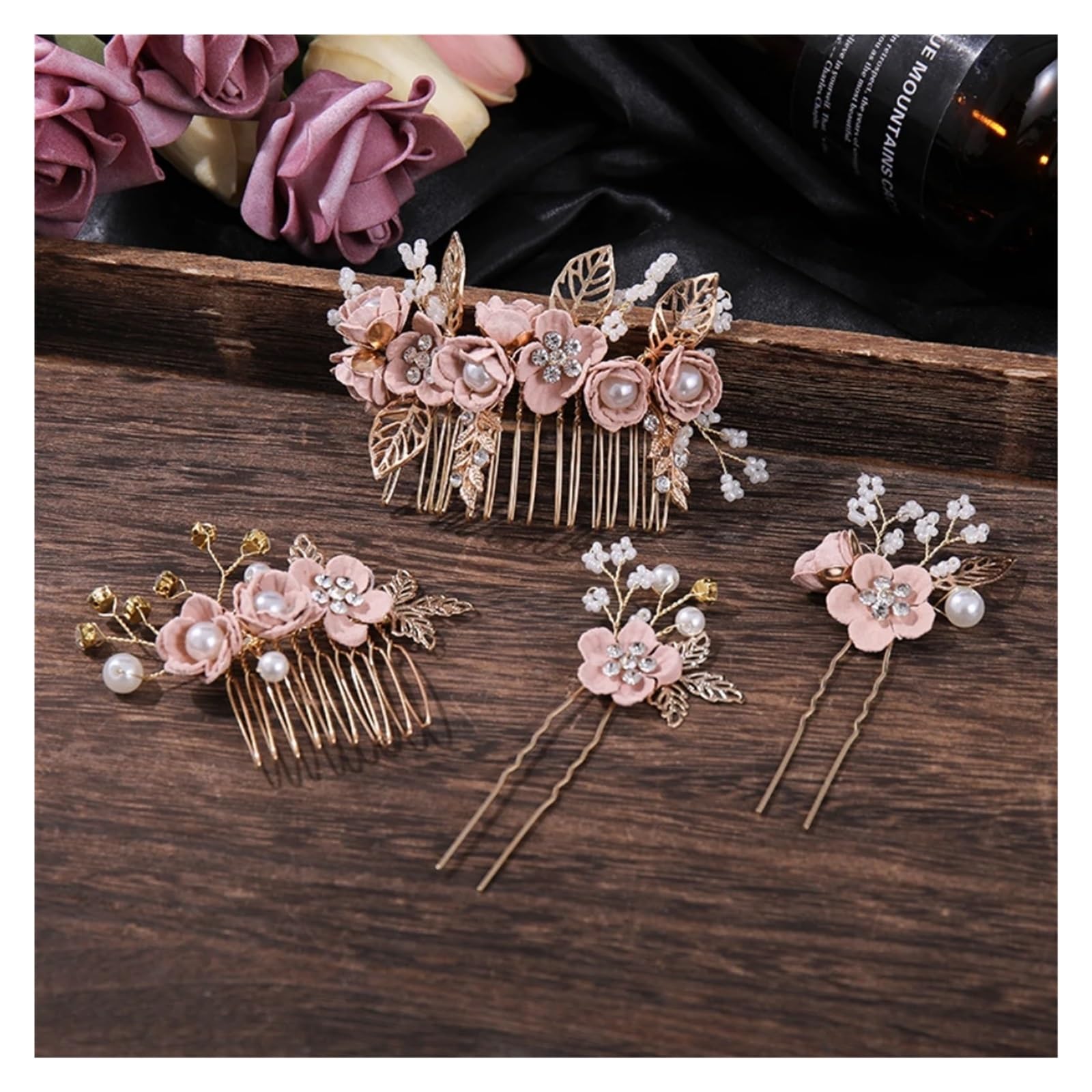 Forcina Cinese Set di 4 pettini for capelli con fiori cristallo e forcine for, perle strass, set gioielli da sposa, accessori for nozze(Pink)