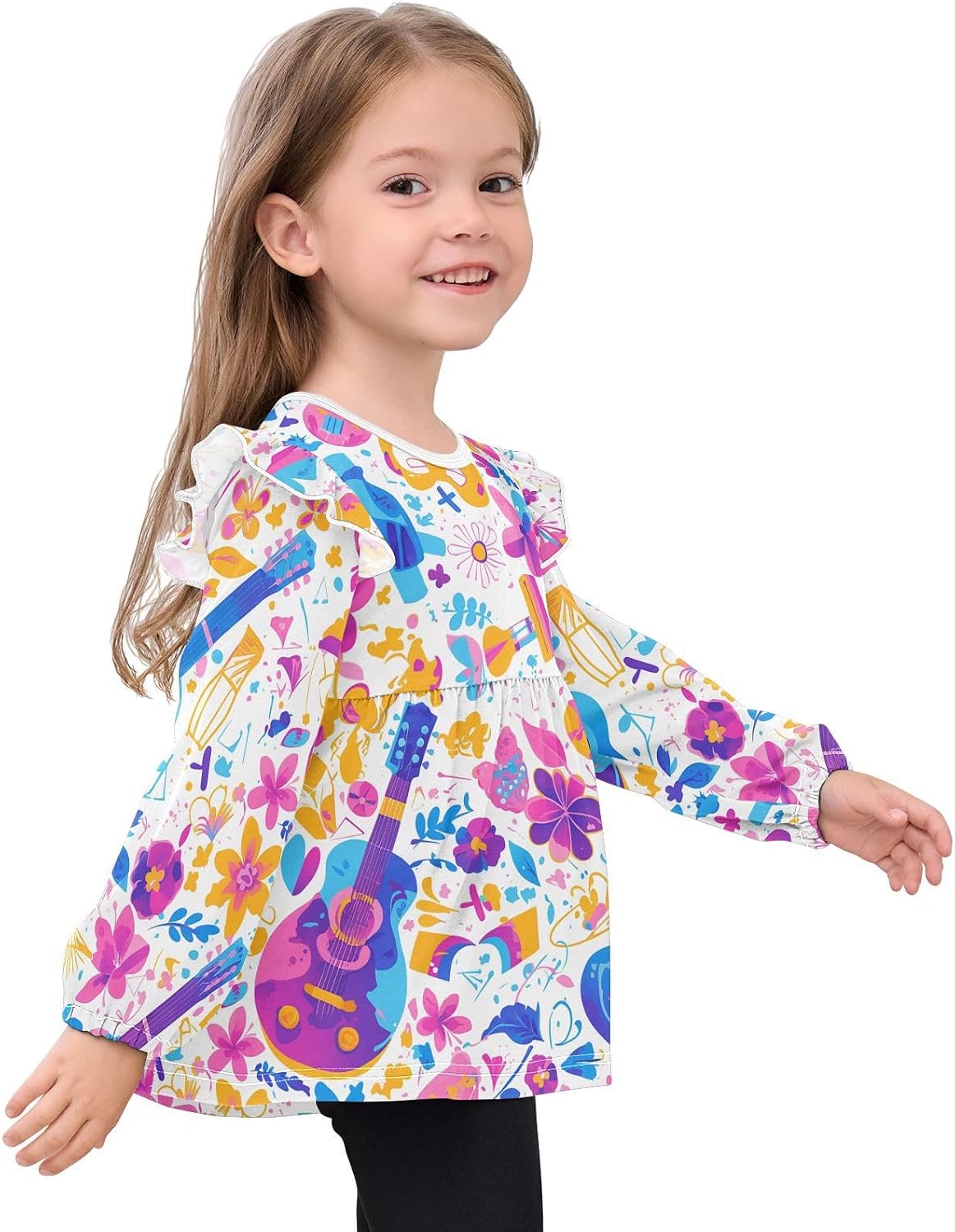 visesunny Toddler Clothes for Girls Purple Blue Neon Guitar Floral Long Sleeve Fall Shirts Cotton Top with Ruffle Collar