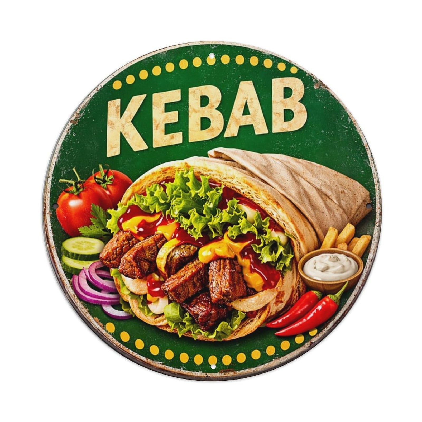 Kebab Wrap With Vegetables And Sauce Vintage Round Tin Sign Retro Metal Wall Decor Metal Poster, Home Bar Garage Cafe Wall Art Decoration 8x8Inches
