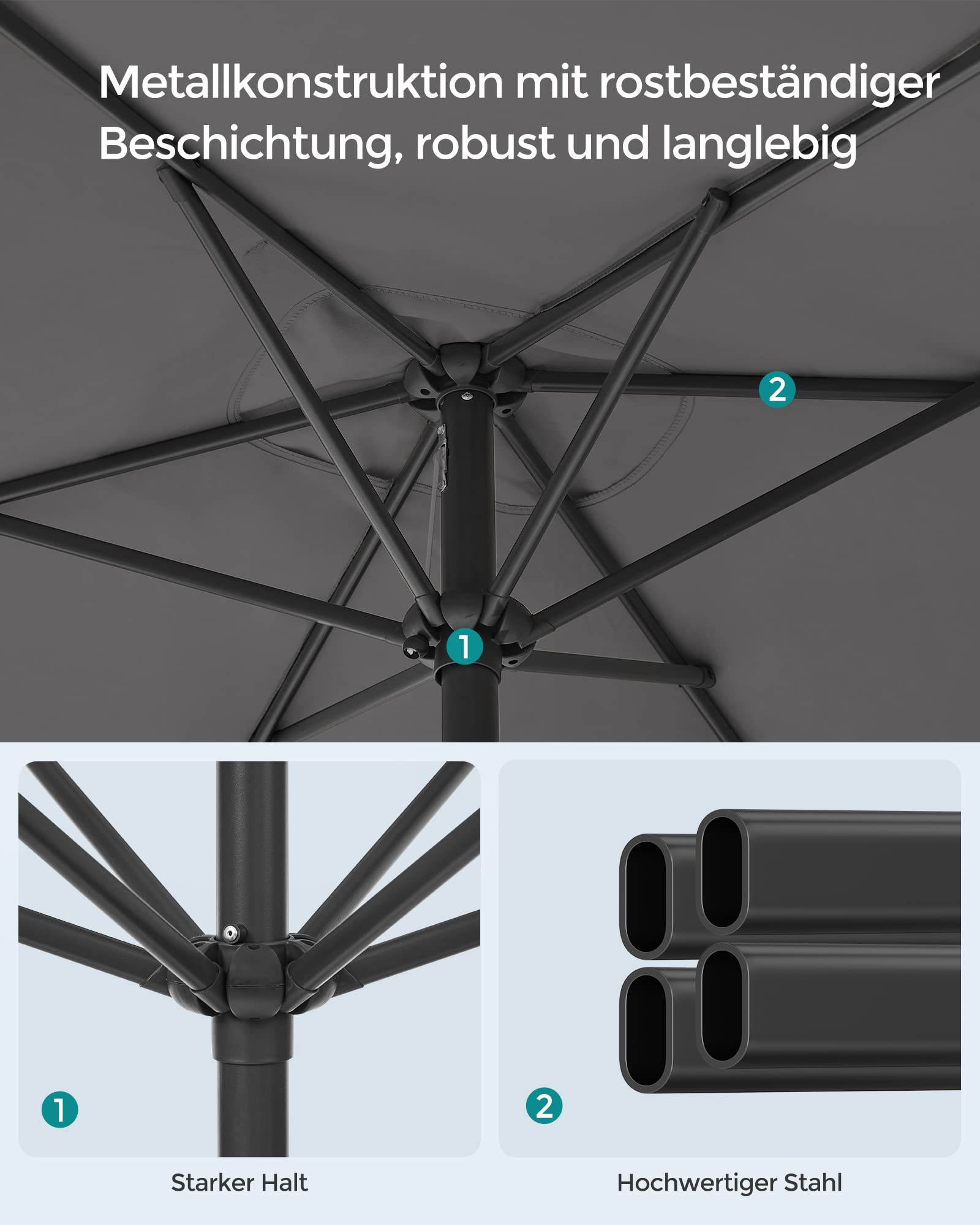SONGMICS Sonnenschirm 200 x 150 cm, rechteckiger Balkonschirm, Sonnenschutz UPF 50+, beidseitig um 30° knickbar, für Garten, Terrasse, ohne Ständer, grau GPU048G01