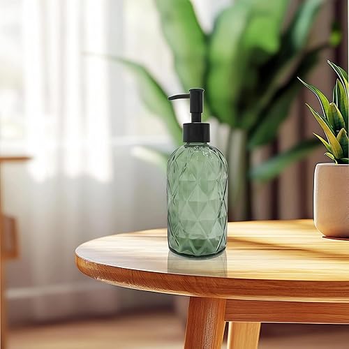 Miniatura 4 de Dispensador de jabón de vidrio verde con bomba de plástico negro, botellas de loción líquida transparente de baño de 12 onzas, dispensadores de