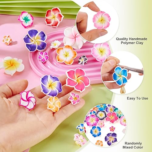 Miniatura 50 de Craftdady 200 cuentas sueltas de arcilla polimérica Plumeria Flower Spacer de 0.472 x 0.315 in, colores mezclados al azar, 5 pétalos, cuentas Flores