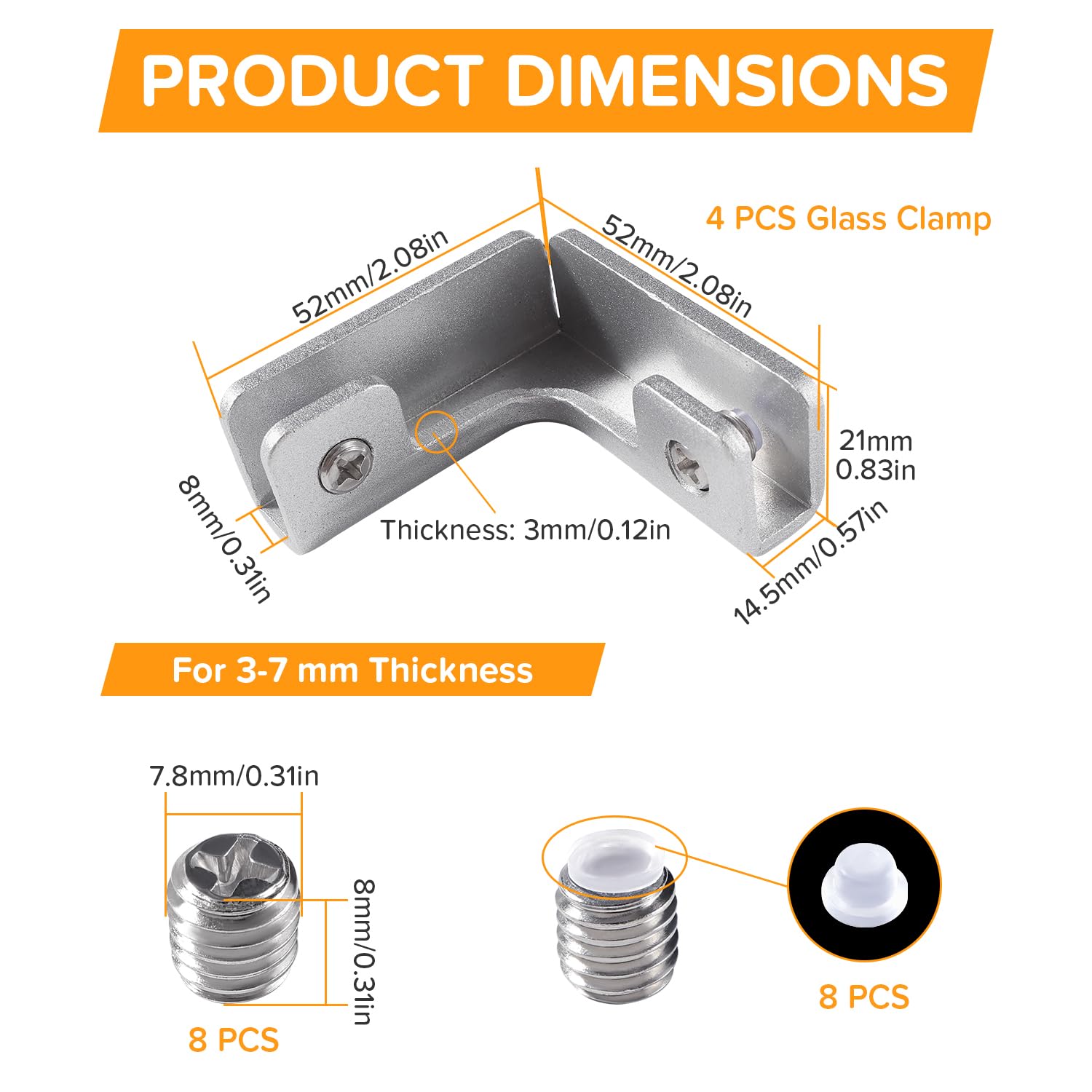 4 Sztuk 8mm Zacisku do Szkła, Uchwyt do Szkła ze Stopu Aluminium, Regulowany Zacisk do Szkła, Zacisk do Mocowania Szkła, do Szkła o Grubości 3-7 mm, Kształcie L