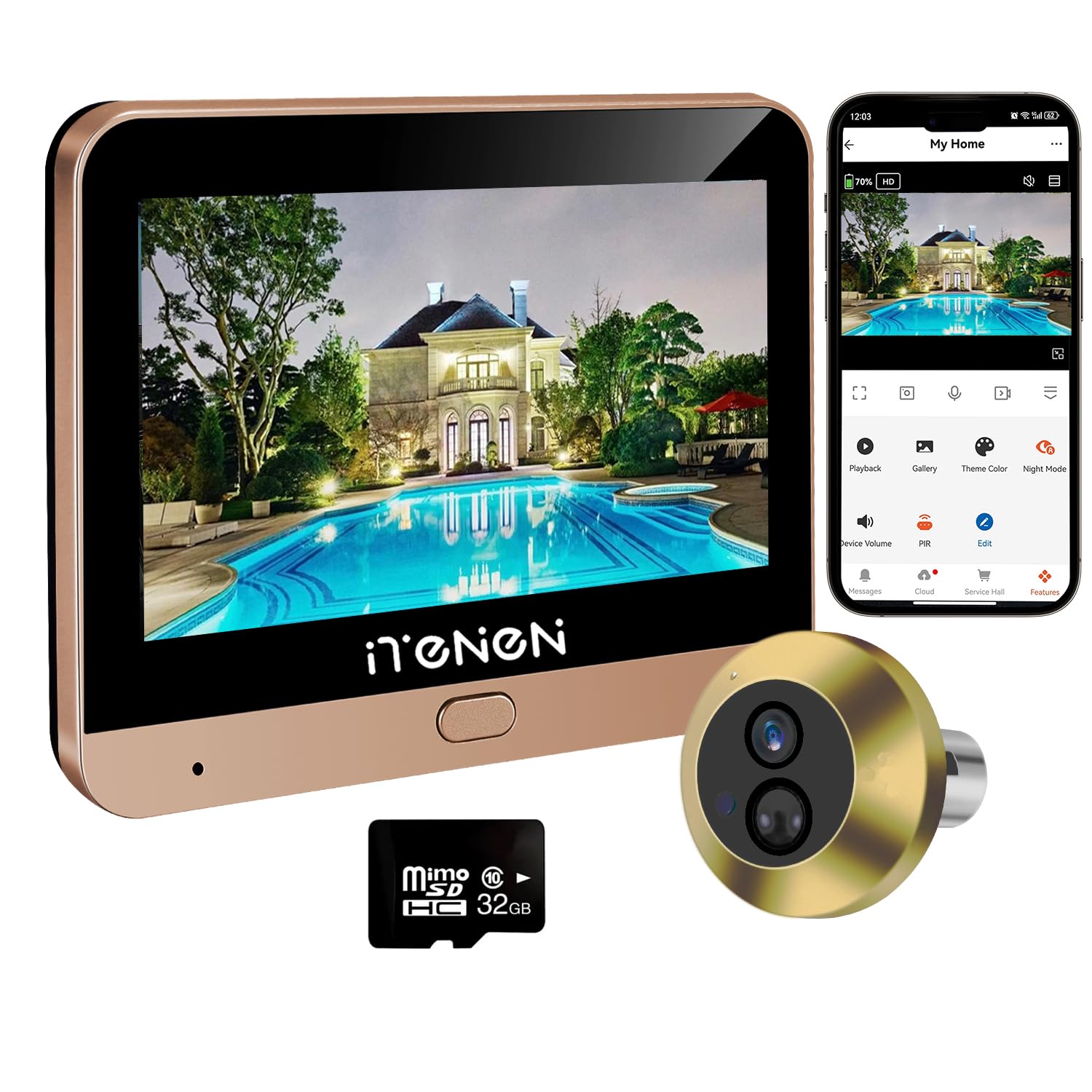 PDG1 Mirilla Digital de Puerta Batería 3.0mp con Microsd de 32 GB,Vídeo Inalámbrico de Pantalla de 4.3 Pulgadas, Porta de la cámara,2.4Ghz Wi-Fi,Audio un Sentido único,Detección de Movimiento