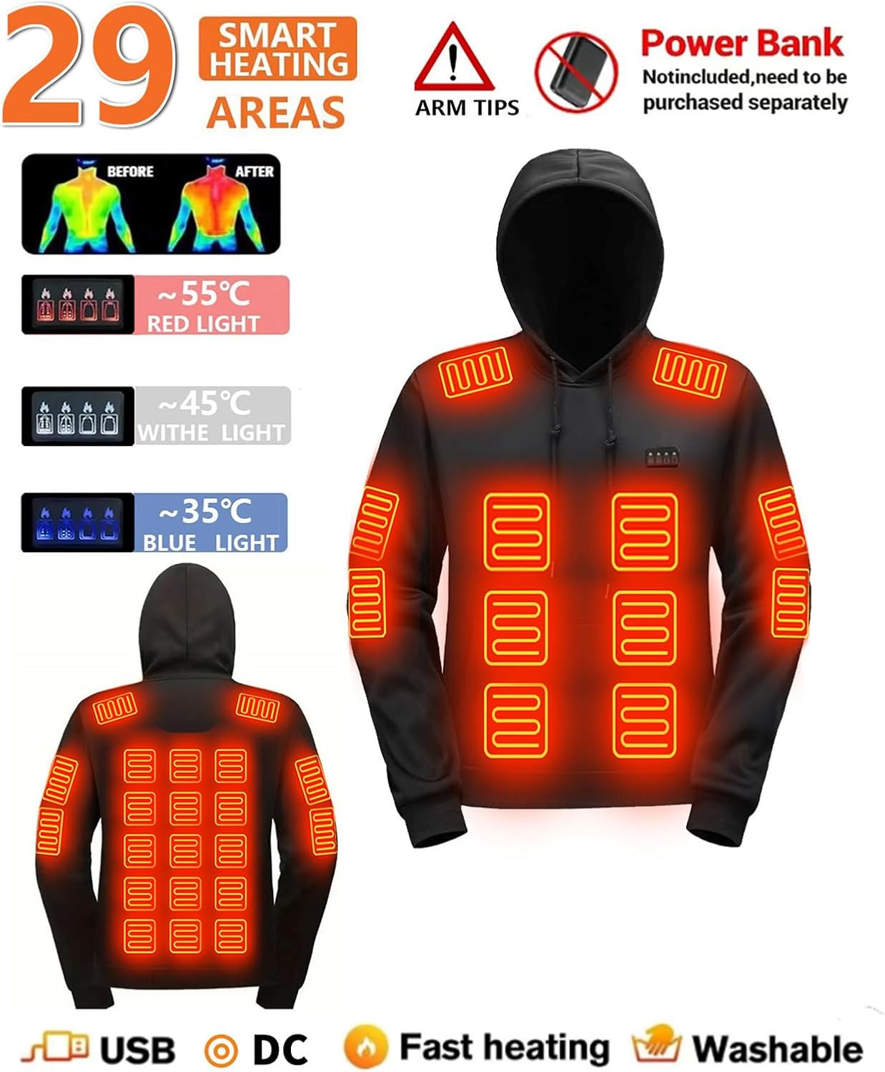 Heated Hoodie for Men and Women 29 Heating Zones Heated Jackets Winter Warm Full-Zip Fleece Hooded Heated Sweatshirt