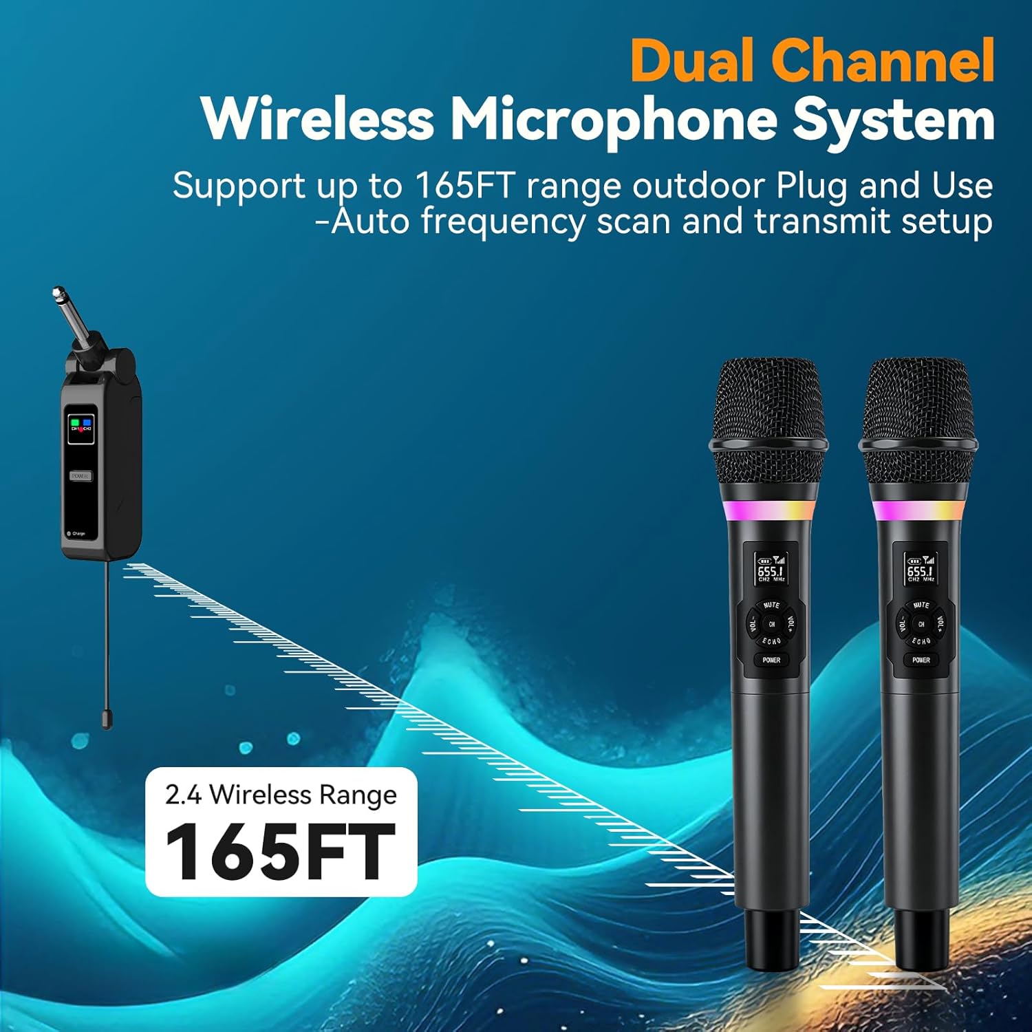 Wireless Microphone, Dual Handheld 2.4G Dynamic Mic with Rechargeable Receiver，Professional Karaoke Microphone, Dual Vocal Pickup with mute echo,treble,bass control , for Singing, Speech, PA System