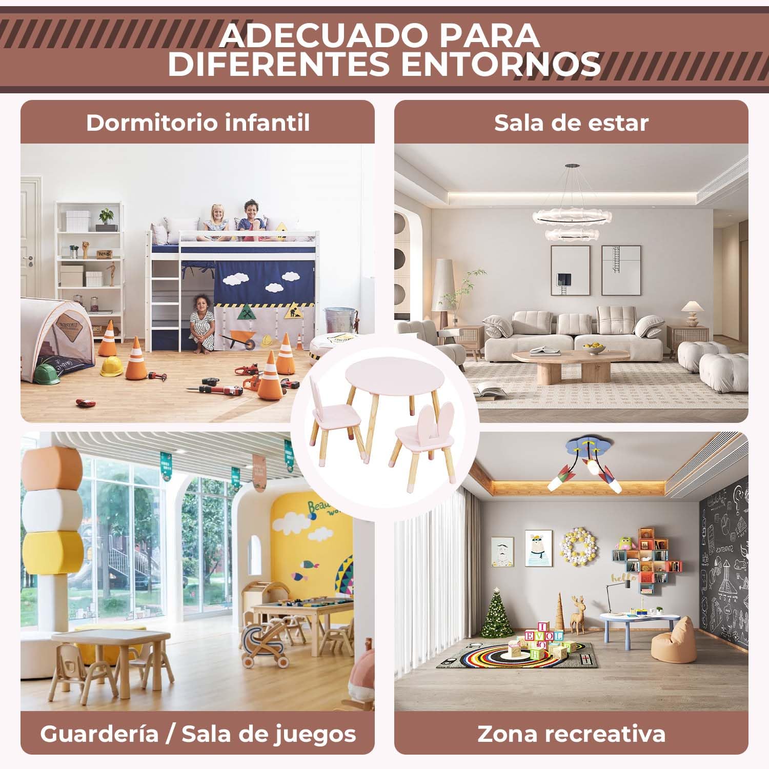 Rebecca Mobili Set de Mesa y 2 Sillas para Niños, Mesa Infantil con Taburetes, Rosa Marrón, MDF de Pino, para Habitación Infantil - Medidas: 44 x 60 x 60 cm / 50 x 28 x 25 cm - Art. RE7017