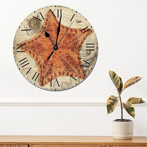 Miniatura 9 de ArogGeld Reloj de pared con diseño de estrella de mar antigua francesa de cloruro de polivinilo con números romanos de 10 pulgadas funciona con