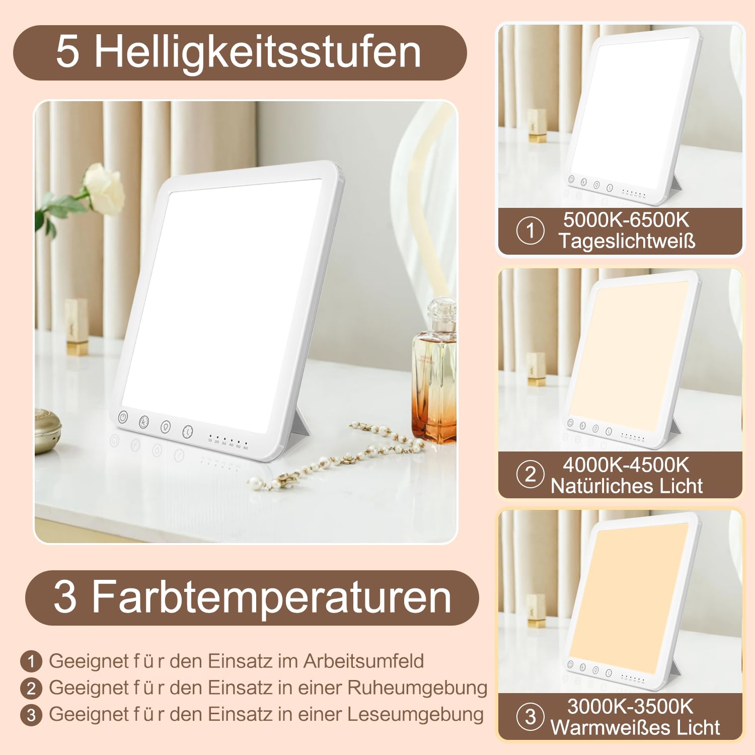 Tageslichtlampe,10000 Lux Lichttherapielampe, UV-freie LED Tageslichtlampen, Simulation von Tageslicht, 3 Farbtemperaturen 5 Helligkeitsstufen Touch-Control Sonnenlicht Lampe, Vollspektrumlampe