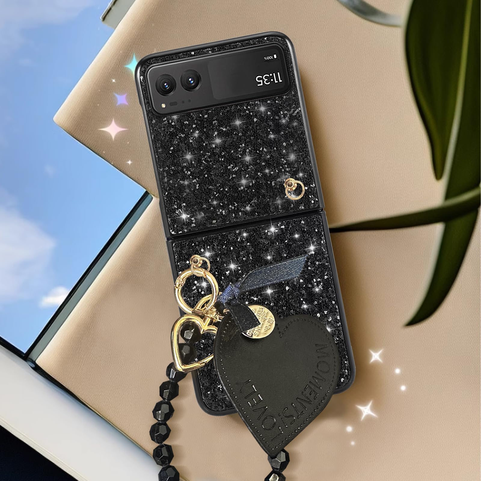 UMESEIL for Moto Razr 2023 Case with Two Chains, Motorola Razr 2023 Cute Case Cover, Stylish Bling Leather Design Slim Shockproof Phone Case for Razr 2023 Black